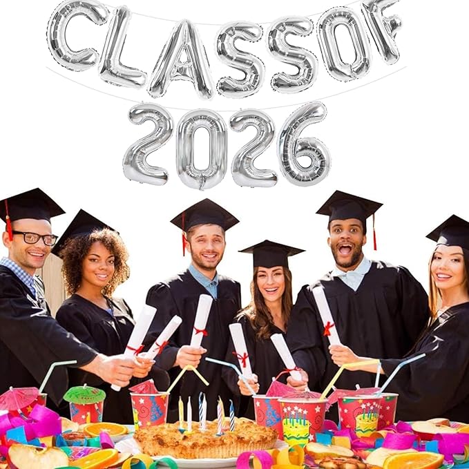 TONIFUL Silver Class of 2026 Graduation Balloon Banners Foil Balloons Decorations 2026 Congrats Grad Balloons for Class of 2026 Congratulation Graduations Party Supplies