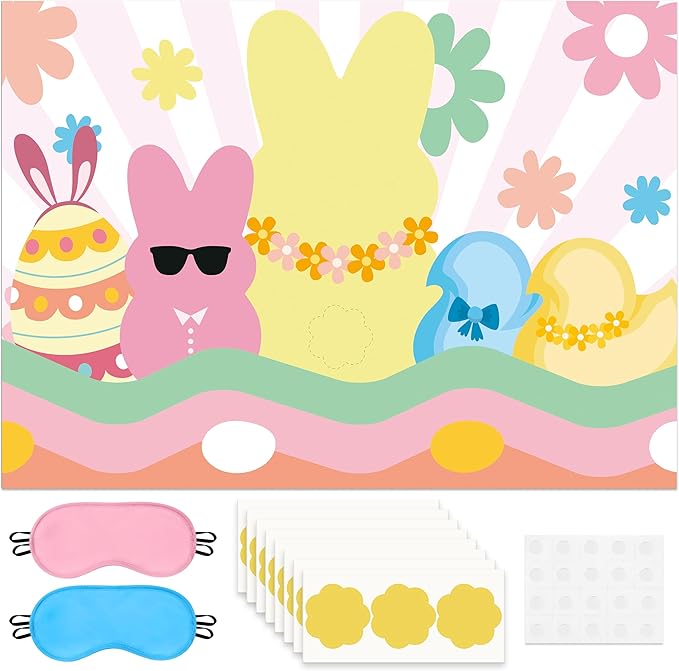 Pin The Tail On The Bunny Game Happy Easter Chick Large Poster with 24 Pcs Stickers Blindfolds Fun Classroom Entertaining Activity for Spring Egg Hunt Birthday Party Decorations Wall Decor