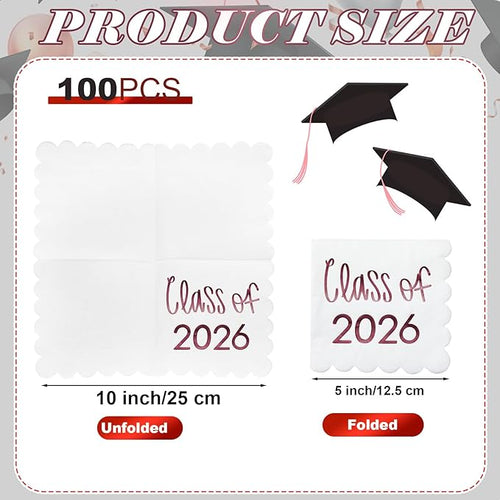 100 Pcs Class of 2026 Graduation Cocktail Napkins 5 x 5 Inch Congrats Grad Scalloped Paper Napkins for Dinner Beverage Graduate Decorations(Dark Red)