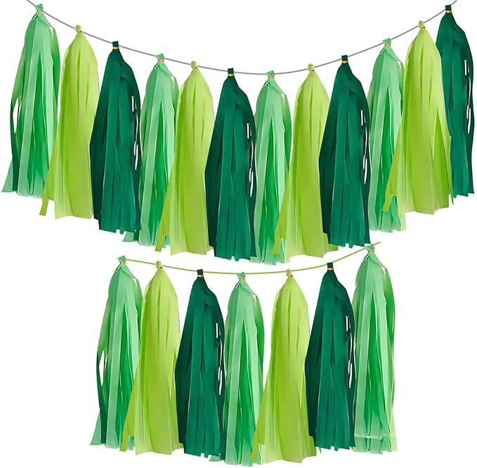 Green Paper Tassel Garland Banner - Tri-Color Handmade Tassels for Party Decorations, Wedding Backdrop, DIY Crafts (30-Pack)
