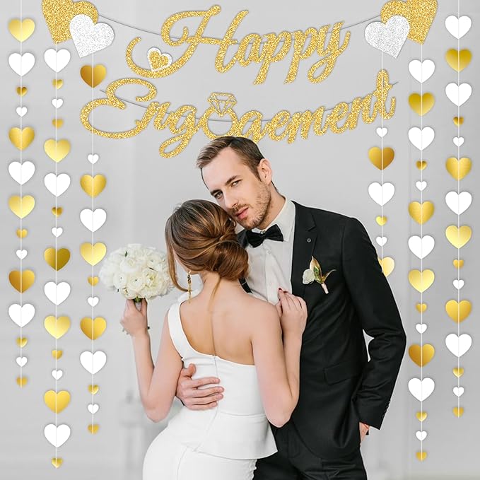 Pre-Strung Glitter Happy Engagement Banner with Heart Garland, Engagement Party Decorations for Congratulations Decorations Engaged Proposal Just Married Decorations Wedding Decor Bridal Shower