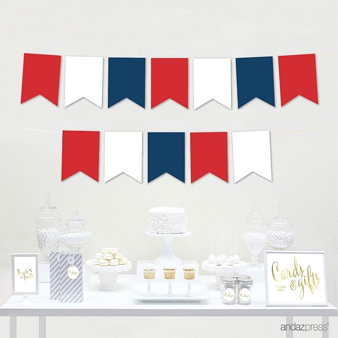 Andaz Press Hanging Pennant Banner with String, Red, White, Navy Blue, 1-Set, 24 Pennants, Approx. 12-Feet Long, Veterans Day Election Theme Colored Supplies