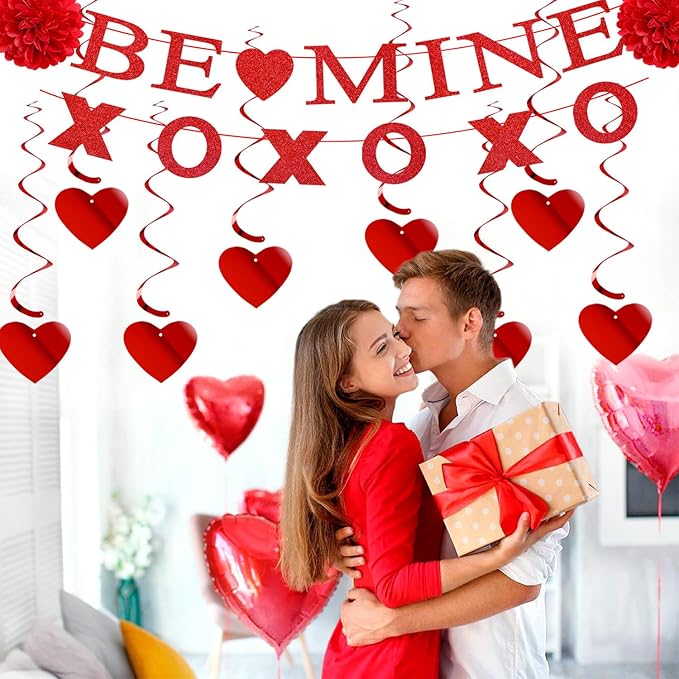 Valentines-Day Decorations Red-Heart Garland Galentines-Decor - 24pcs Tissue Paper Pom Poms Streamers Swirl,Be Mine Xoxo Banner,Love Romantic Special Night Anniversary Party Hanging Lasting Surprise