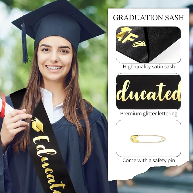 Educated AF Graduation Sash for Graduation Decorations, Black Glitter Sash with Gold Foil for Grad Gifts Party Supplies Graduation Accessories