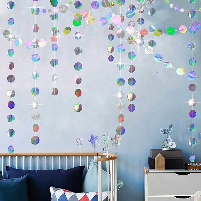 Shining Iridescent Circle Dots Hanging Garland - Sparkling Streamer, Glitter Bunting Banner, Backdrop for Wedding, Baby Shower, Birthday, Xmas Decor - 40 Feet
