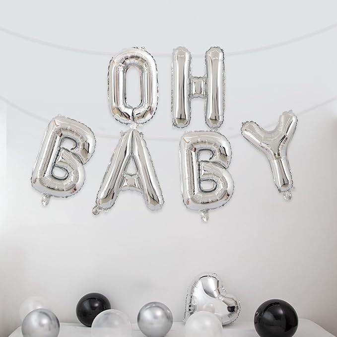 2 Set 12Pcs Silver Oh Baby Letter Balloons 16in Balloon Baby Shower Decorations Party Decor Silver Letter Balloons Oh Baby Party Supplies
