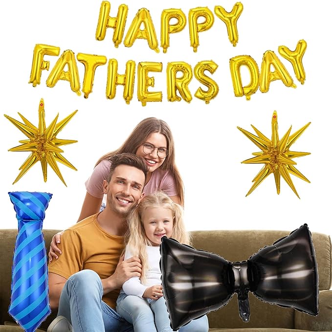 Gold Happy Fathers Day Balloons Foil Father's Day Balloons Tie Necktie Balloon Letter Bow Star Balloon for Happy Father's Day Themed Party Fathers Day Supplies Decorations Ballons Sets-19 PCS