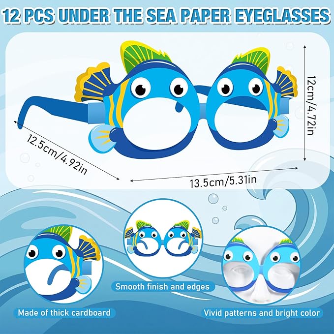Pajean 24 Pcs Under The Sea Party Supplies Include 12 Ocean Animals Paper Eyeglasses 12 Sea Animals Headbands Photo Booth Props for Beach Pool Mermaid Fish Party Favors Decorations