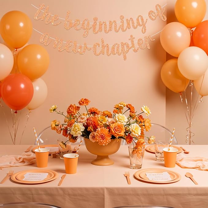 BEISHIDA Glitter Light Orange The Beginning of A New Chapter Banner,Pre-Strung Farewell Book Themed Housewarming Party Congratulations Decorations,Going away party Garland,Graduation Sign 2026 Banner,retirement Supplies