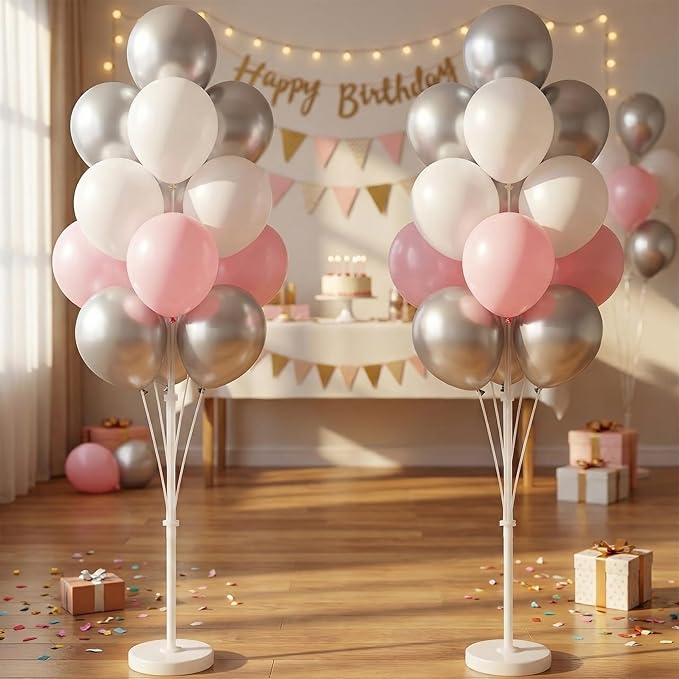 2 Set Balloon Stand Kit with Metallic Silver Pearl Light Balloons Column Kit for Floor&Table Backdrop Decor for Theme,Gender Reveal Party Weddind,Bridal Shower Birthday Graduation