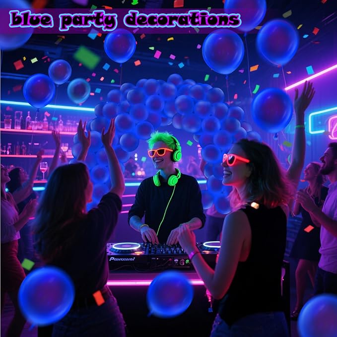 100 Pcs UV Neon Blue Balloons 12 inch Neon Party Supplies, Balloons, Glow in the Dark for Birthday, Graduation, Baby Shower,Wedding, Anniversary Valentines Party Decorations