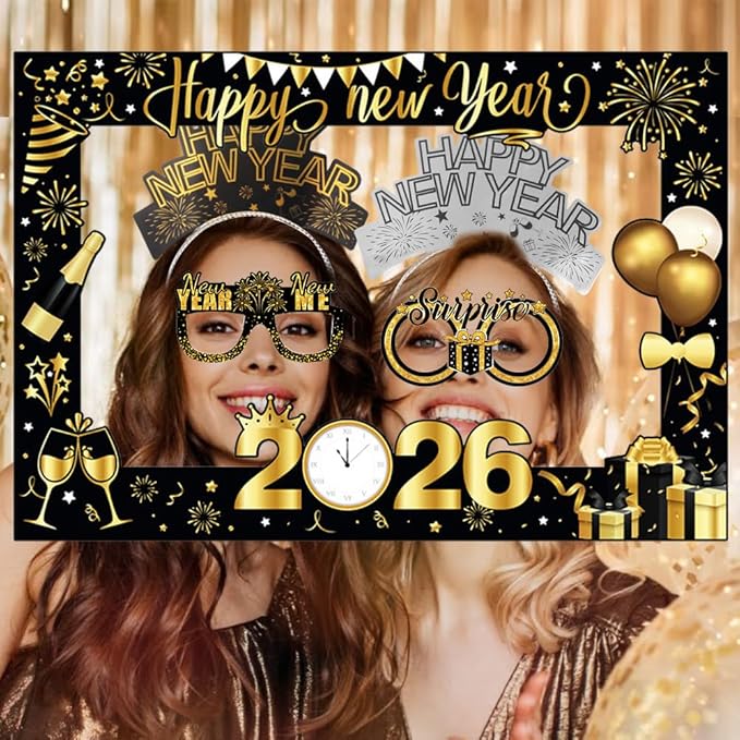 Happy New Years Decorations 2026, New Year Eve Party Supplies Kit Included Foil Curtains Banner Photo Frame Headband Glasses NYE New Year Party Glasses Foil Ballons Party Favor Decor