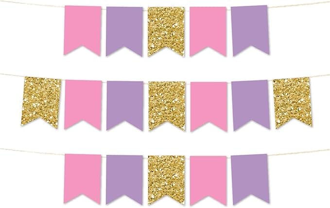 Andaz Press Hanging Pennant Banner with String, Pink, Lavender, Faux Gold Glitter, 1-Set, 24 Pennants, Approx. 12-Feet Long, Unicorn Birthday Theme Colored Supplies