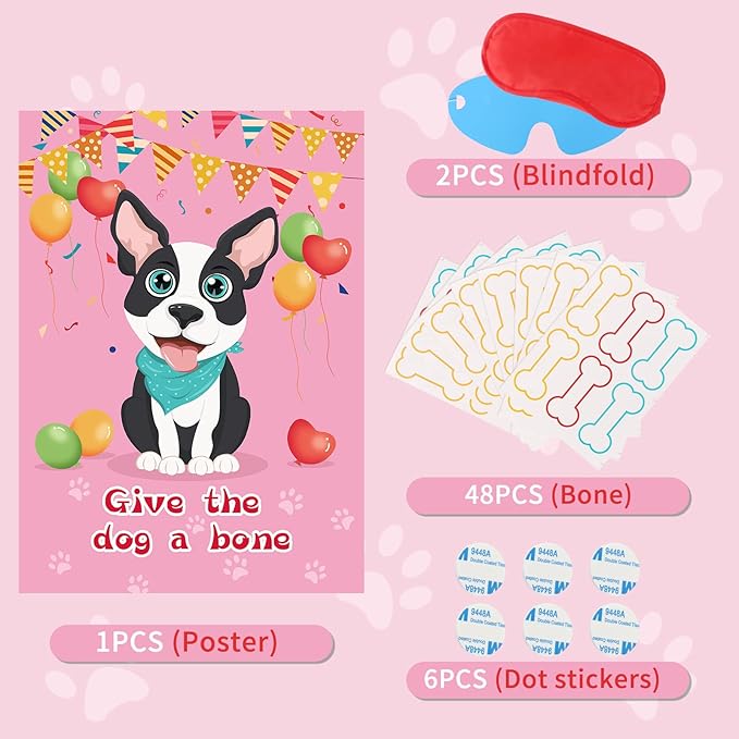 Hooqict Pin The Bone on The Dog Party Game for Kids Birthday Party Games Dog Themed Birthday Supplies Puppy Party Favors for Boys Girls, Large Pin The Tail Poster with 48 Bone Stickers