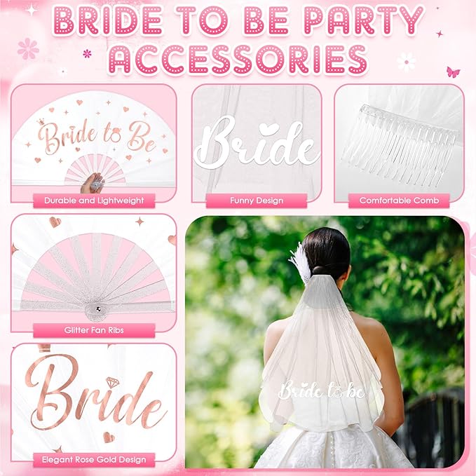 JaGely 4 Pcs Bachelorette Party Decoration Includes Bride to Be Sash and Veil, Glitter Bride Fan and Heart Shaped Sunglasses for Bridal Shower Decorations Bachelorette Party Accessories Favors