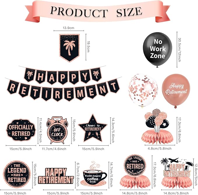 25Pcs Retirement Party Decorations for Women, Rose Gold Happy Retirement Banner Balloons Party Supplies, The Legend Has Retired Farewell Theme Honeycomb Centerpiece Swirl Decor