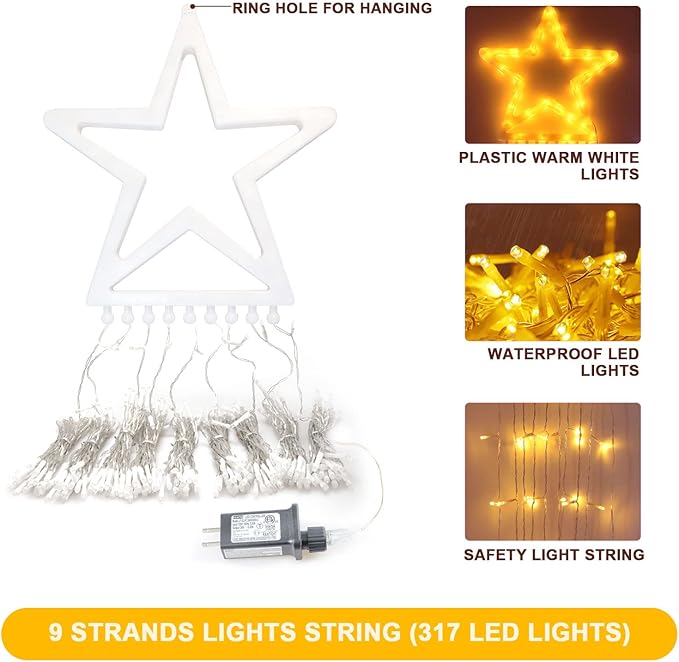 Waterfall Christmas String Lights with 317 LED Star Hanging Twinkle Fairy Curtain Lights for Party Wedding Patio Indoor Outdoor Decorative Water Flow Lights