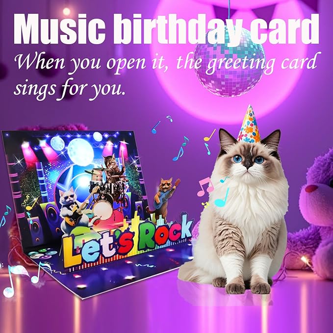 Cat Birthday Card - 3D Pop Up Funny Birthday Cards with Colourful Lights & Music, Happy Birthday Gifts Card for Kids, Boys, Girls, Men, Women, Wife