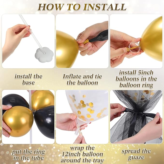 BBTO 8 Set Table Centerpieces Balloons Stand Kit, 80 Pcs Latex Balloons and Table Stand Holder with Base Tulle for Wedding Birthday Baby Shower Party(Black, Gold)