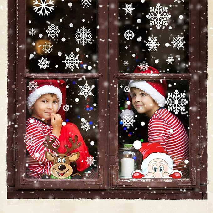 300 PCS 8 Sheet Christmas Snowflake Window Cling Stickers for Glass, Xmas Decals Decorations Holiday Snowflake Santa Claus Reindeer Decals for Party (Pack of 2)
