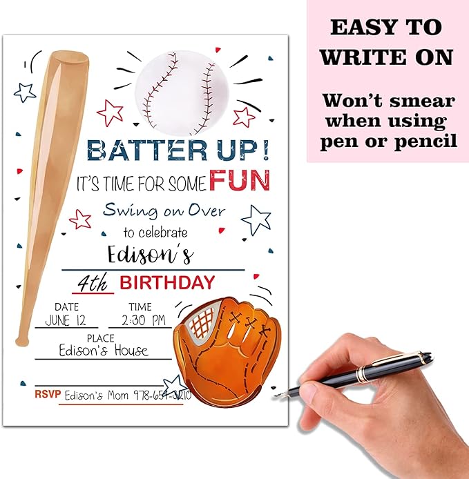 Baseball Birthday Party Invitation Cards, Batter Up It's Time for Some Fun Party Celebration, Party Supplies, Favors, 20 Cards With 20 Envelopes – (bq01)