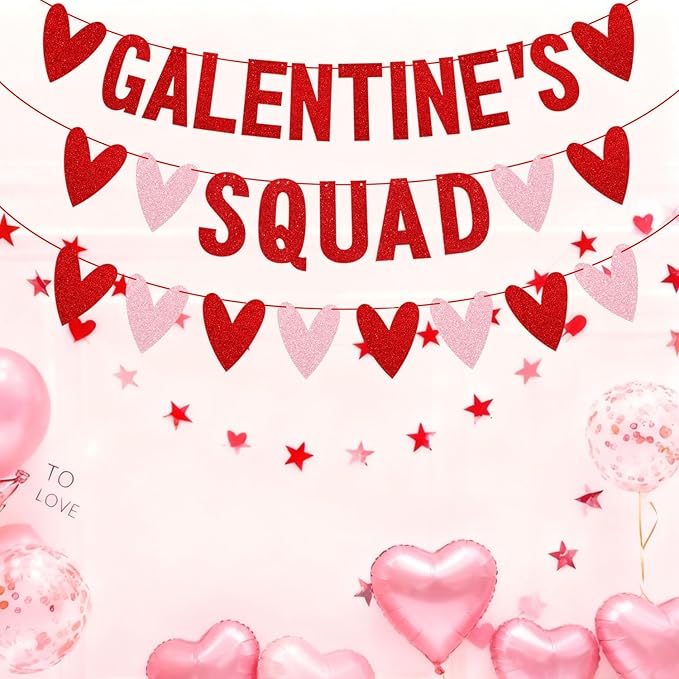 Glitter Galentines Squad Banner with Love Hearts - No DIY - Valentines Day Party Supplies, Women Girl Lady Galentines Day Decorations