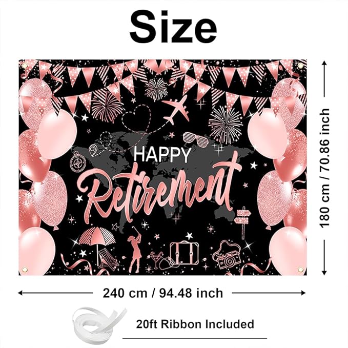 Mocsicka Happy Retirement Backdrop Pink Rose Gold Balloons Women Happy Retirement Banner Party Decorations Photo Booth Props (Pink, 8x6ft)