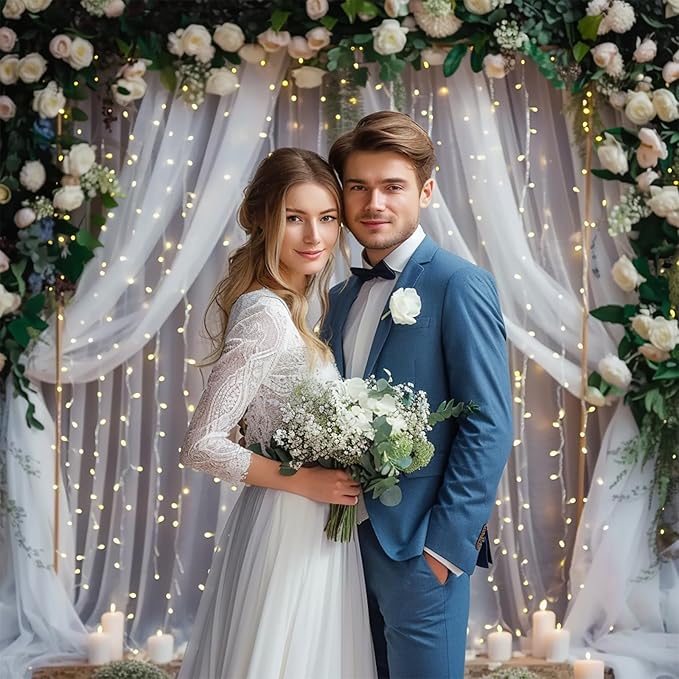 20 FT x 8 FT White Backdrop Curtain - Tulle Backdrop Curtain with 9.8FT Lights String - Sheer Backdrop Curtains with 4 Inch Rod Pockets for Birthday Weddings Baby Shower Celebration Party Decorations