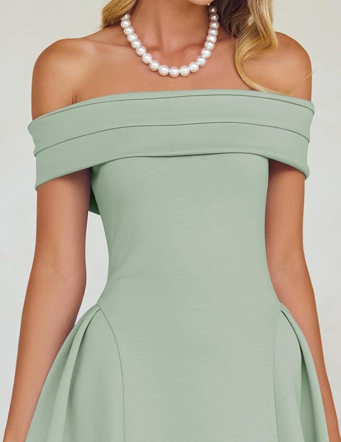 ZESICA Summer 2026 Cocktail Dresses for Women's Off Shoulder Short Sleeve Swing A Line Wedding Evening Party Midi Dress