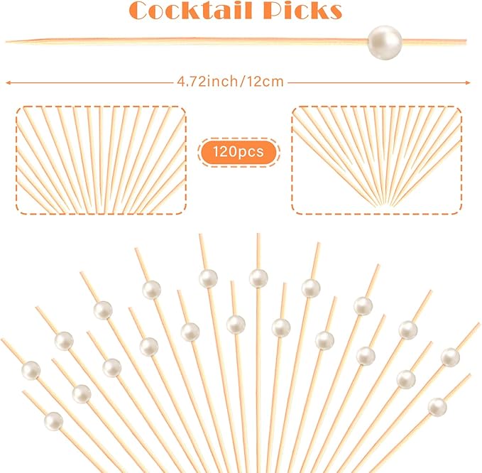 120pcs White Pearl Cocktail Picks Fancy Fruit Sticks Long Decorative Toothpicks Sandwich Food Skewers, 4.7", Disposable, Made of Bamboo, for Appetizer Charcuterie Garnishing Party Supplies