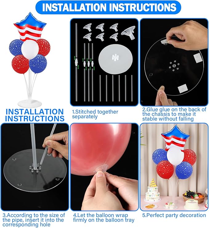 4th of July Balloons Stand Kit 2 Sets with 2 America Flag Star Foil Balloon Patriotic Red White and Blue Party Balloon Centerpiece for Tables for Memorial Day Party Independence Day Themed Decorations