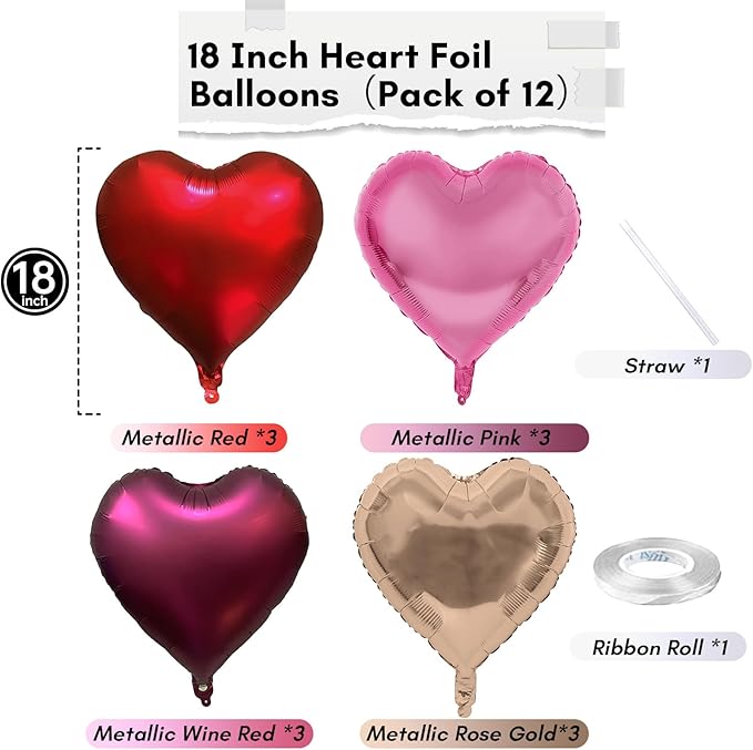 Wine Red Heart Balloons, 18 Inch 12 Pcs Burgundy Red and Pink Foil Heart Balloons Red and Rose Gold Heart Shape Foil Balloons Party Decoration for Birthday Wedding Valentines Anniversary