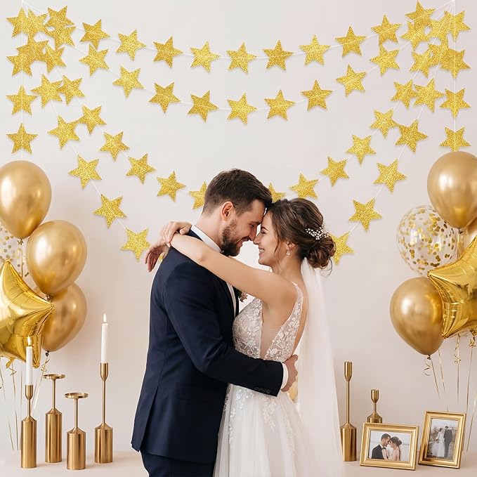 Spakon 65 Feet Glitter Star Paper Garland Banner Hanging Decoration Star Streamers Double Side 2026 Graduation Decorations for Wedding Birthday Festival New Year Party Decoration(Glitter Gold)