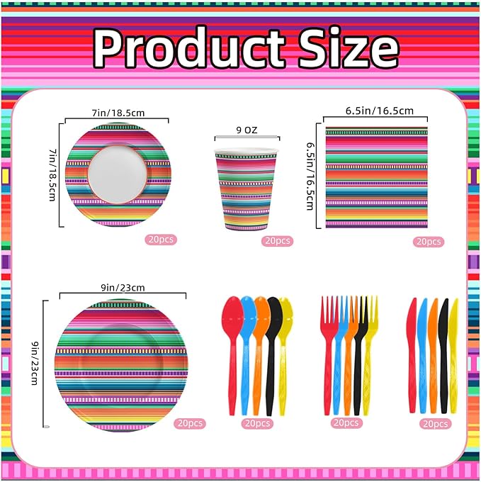 140PCS Mexican Serape Fiesta Plates and Napkins Set, Fit Mexican Themed Paper Dessert Plates, Taco Colorful Stripes Pinata Ponchos Platters Dance Party, Serves 20 Guests