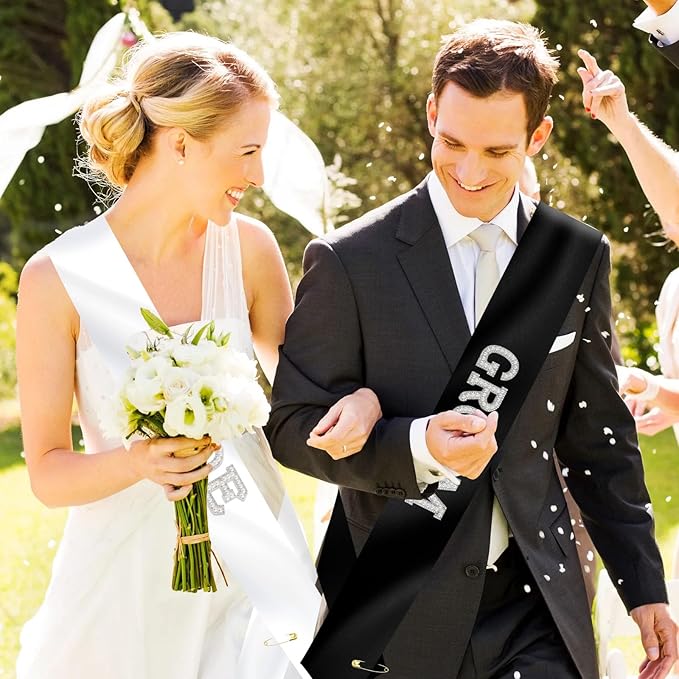 2Pcs Pearl Bride and Groom Sash - White BRIDE Sash & Black GROOM Sash for Bachelorette Party, Hen Party, Wedding, Bridal Shower & Engagement Favors