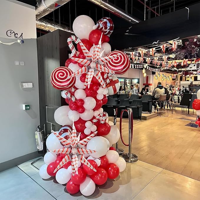 Christmas Balloon Garland, Red White Xmas Balloons Arch Kit with Foil Candy Cane Lollipop Balloons and Red White Star Mylar Balloon for Merry Christmas Party New Year Holiday Birthday Decorations