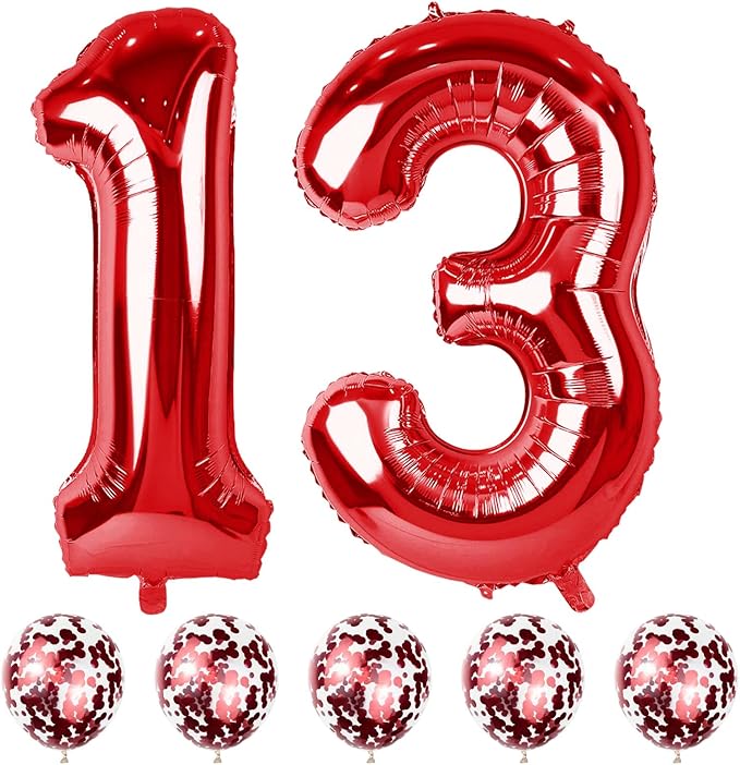 Red 13 & 31 Birthday Balloons - Large Foil Numbers with Red Confetti, Perfect for Girls, Boys, Women, Anniversary & Baby Showers