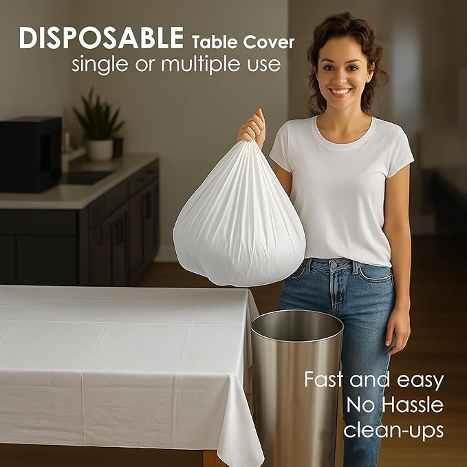 Craft And Party 12-Pack White Plastic Tablecloths – 54 x 108 Inch Disposable Table Covers for Rectangle Tables, Heavy Duty & Waterproof for Parties, Events, Banquets Plastic Table Cover, White