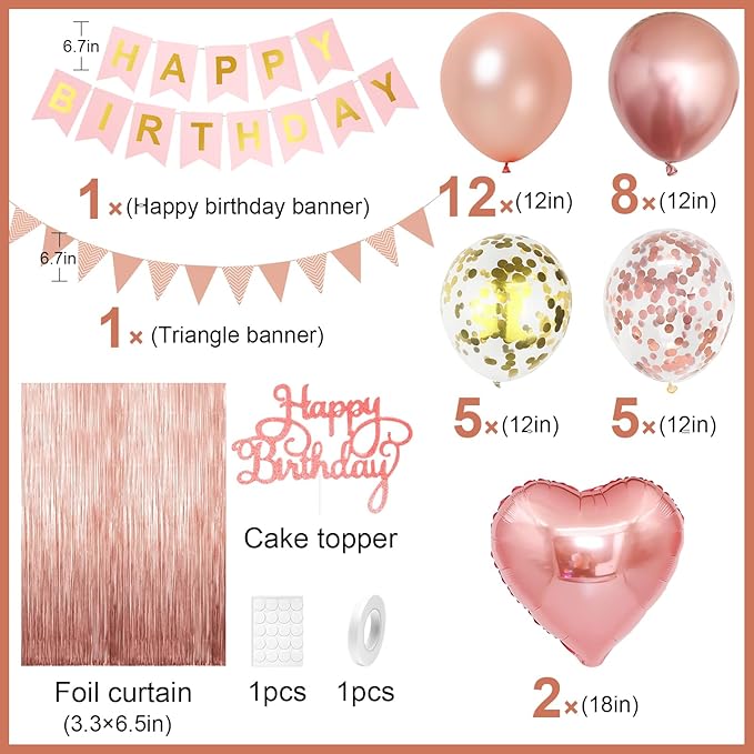 Rose Gold Birthday Decorations for Girls,Happy Birthday Party Decorations for Women,Rose Gold Fringe Curtain,Happy Birthday Banner Confetti Balloons Heart Foil Balloons for Birthday Princess Party