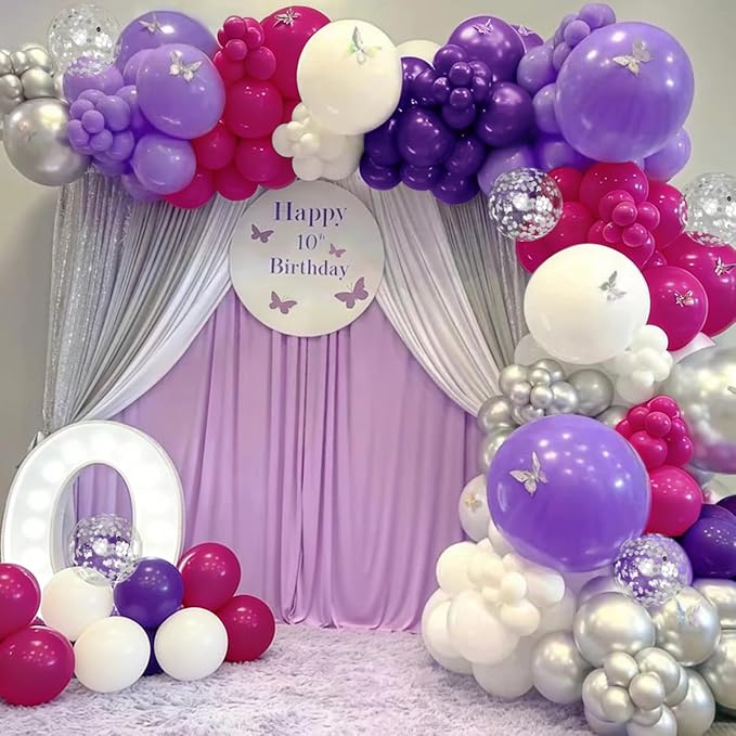Hot Pink Purple Silver Baloon Garland Arch Kit, 146Pcs Latex Balloons Different Sizes 18 12 10 5 inch for Women Girls Birthday Baby Shower Wedding Party Decorations