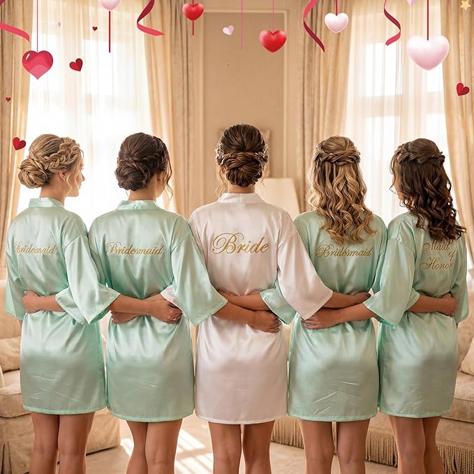 Bonuci 24 Pcs Bridesmaid Bride Robes Set of 8 Bridal Satin Robes Fluffy Slippers Drinking Cups for Wedding Bachelorette Party