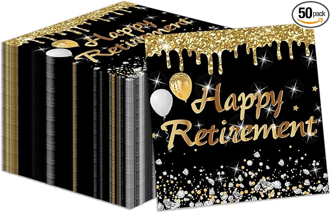 50PCS Retirement Party Napkins, Happy Retirement Decorations Cocktail Napkins Black and Gold Teacher Retirement Party Supplies