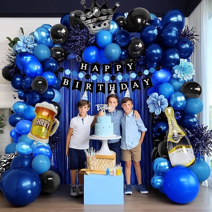 Blue Black Balloon Garland Double Stuffed Dark Royal Navy Blue Balloons Fringe Curtains, Foil Balloons, Birthday Banner Decorations for Men Birthday Baby Shower Father's Day Graduation Party Supplies