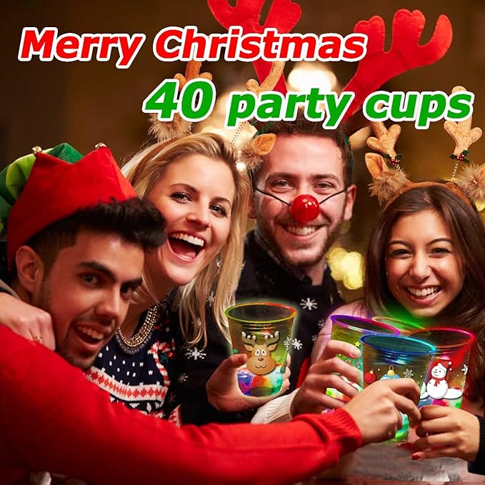 mishunyus 40 Pcs Christmas Party Cups, Glow Christmas Flashing Theme Cups, for Holiday Party Supplies, for Nighttime Fun, BBQ, Christmas Decor, with 8 pattern