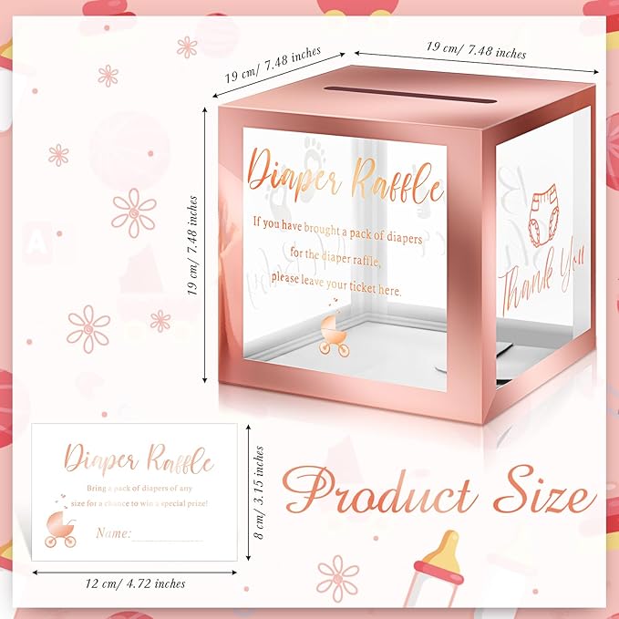 Funrous 51 Diaper Raffle Tickets with Box for Baby Shower Game Invitations Diaper Raffle Card for Gender Reveal Baby Shower Party Decoration Table Centerpiece(Clear Rose Gold)