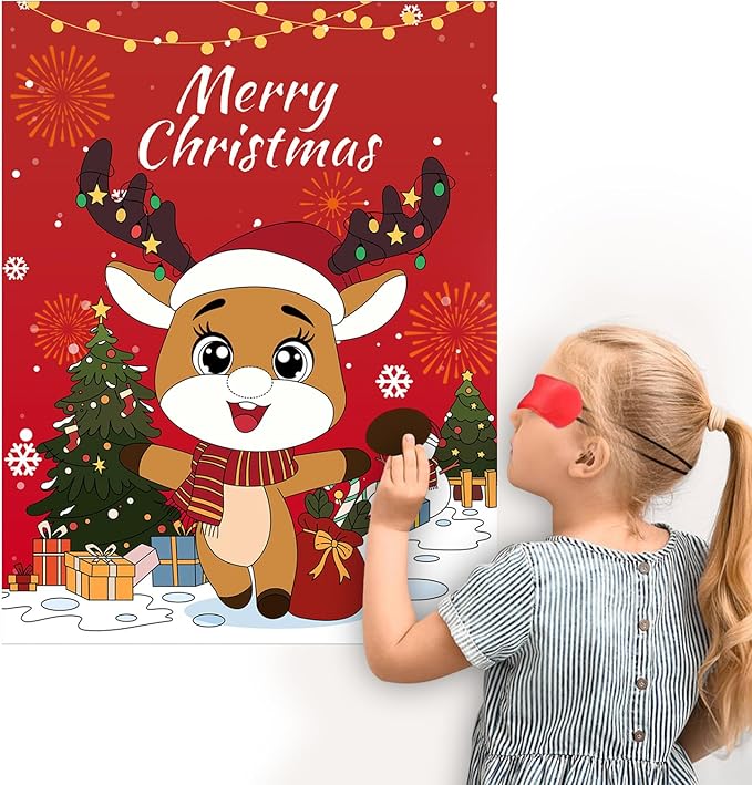 Christmas Games - Pin The Nose on The Reindeer Games for Families Party, Cute Indoor Christmas Home Decor Party Decorations, Xmas Activities Presents Holiday Decor, Red