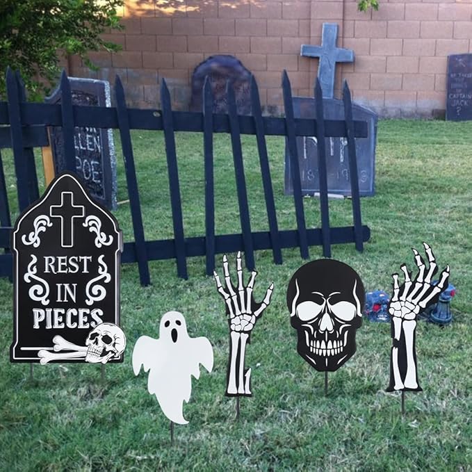 hogardeck Halloween Decorations Outdoor, 5 Pcs Metal Decorative Garden Stakes with Skulls Head, Hands & White Ghosts for Halloween Decor, Tombstone Yard Signs for Outside Garden Lawn Patio Porch