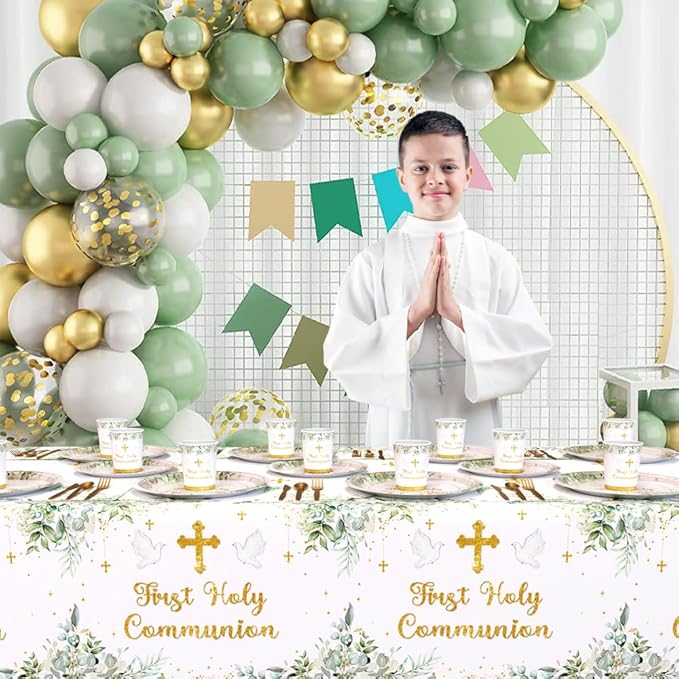 194 Pcs Greenery First Holy Communion Baptism Party Decorations Supplies Mi Primera Comunion Party Decorations God Bless Disposable Tableware Set with Plates Napkins and Tablecloth Serves 24