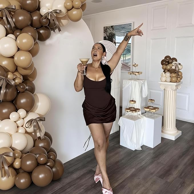 Brown Balloons Garland Arch Kit, 140Pcs Neutral Nude Begie Balloons with Bows for Coquette Martini Birthday Party Decorations Bachelorette Bridal Shower Decorations