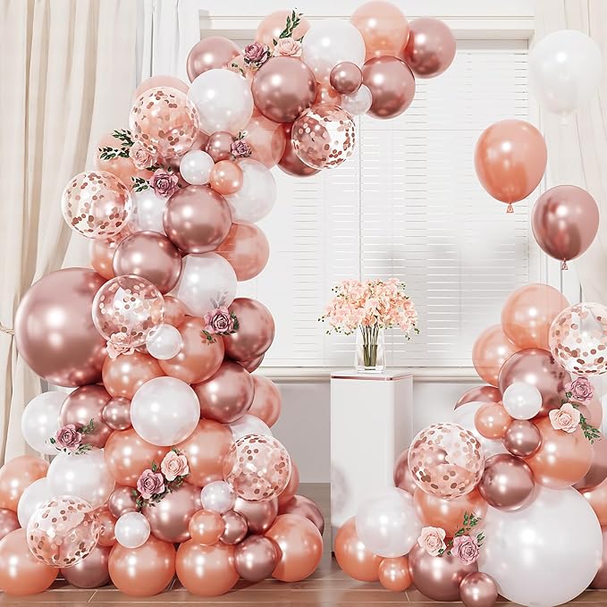 Rose Gold Balloon Garland Arch Kit, Metallic Rose Gold Pearl White and Glitter Confetti Balloons, Rose Gold Party Decor for Wedding Backdrop, Birthday, Baby Shower, Photo Booth, Retirement Party Decro